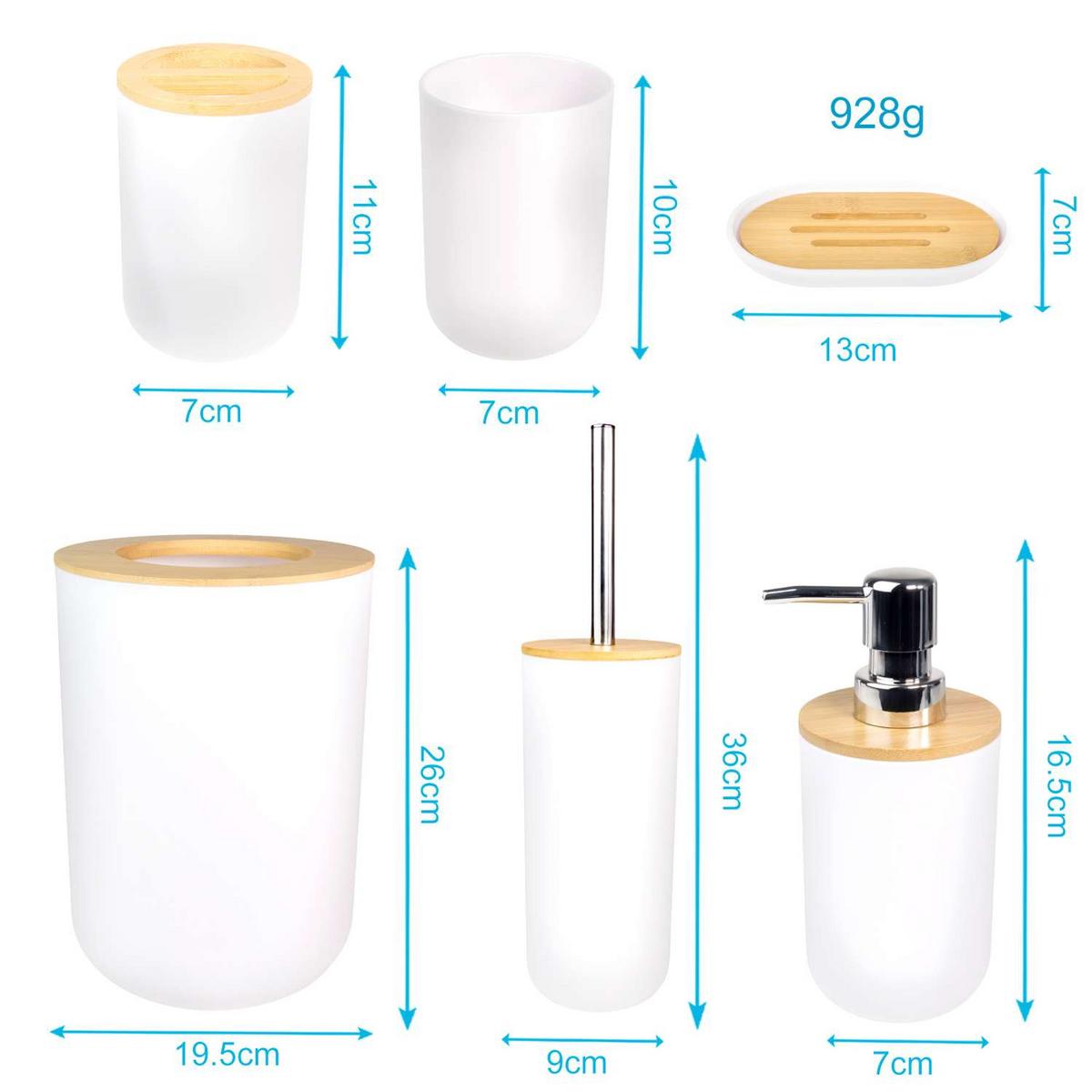 BADEZIMMER ZUBEHÖR SET (6-tlg.) mit Zahnputzbecher Seifenschale Seifenspender Toilettenbürste - Weiß, Naturmaterialen (19.5/26/19.5cm) - Intirilife