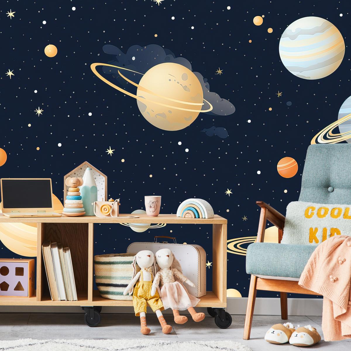 FOTOTAPETE für Kinderzimmer Märchen Galaxie Planeten Sterne 500x350 - Blau/Gelb, Papier (500/350cm) - Muralo
