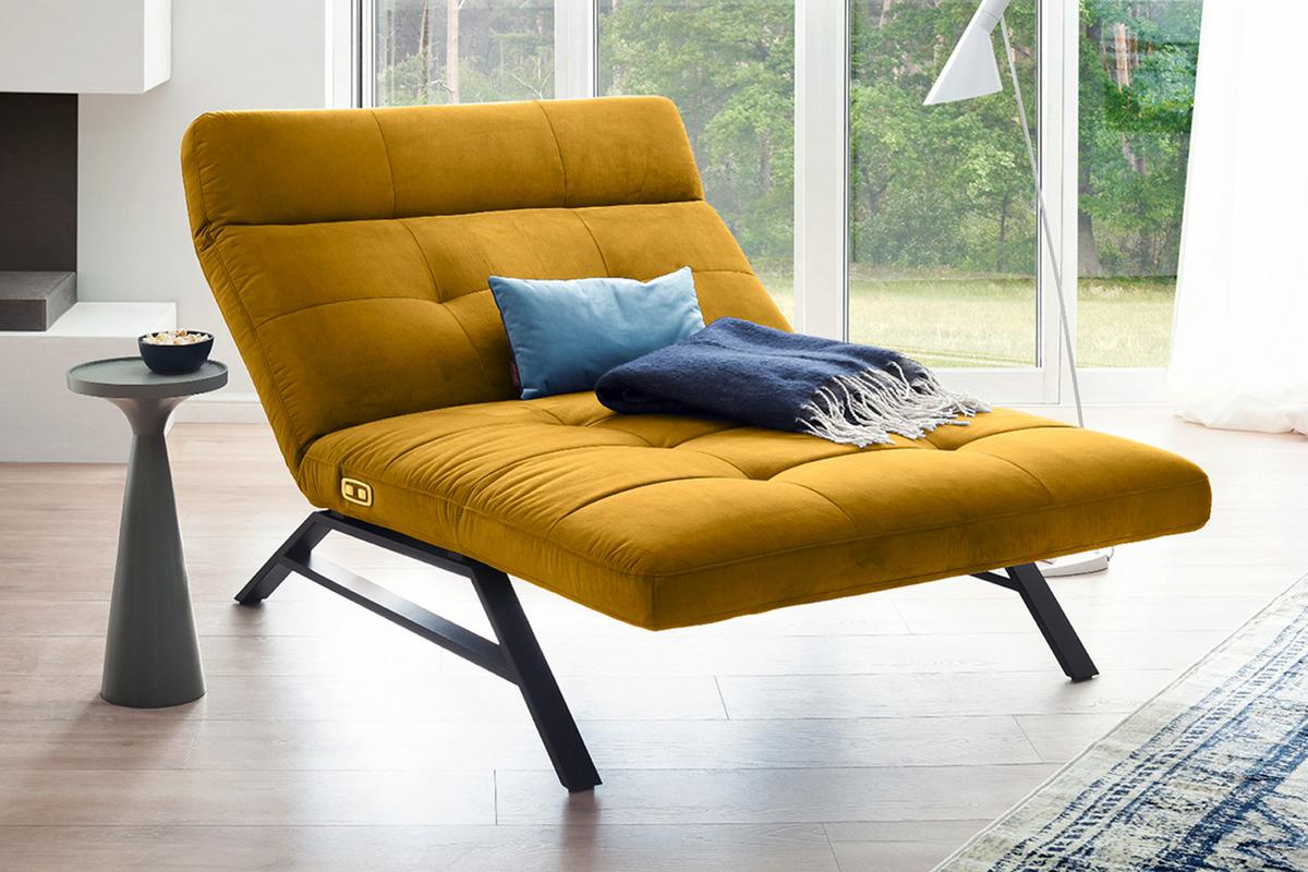 LIEGE MIT MOTORISCHER RELAXFUNKTION AMERIVA Gelb Velvet Relaxfunktion - Currygelb/Schwarz, Textil (120/110/158cm) - KAWOLA