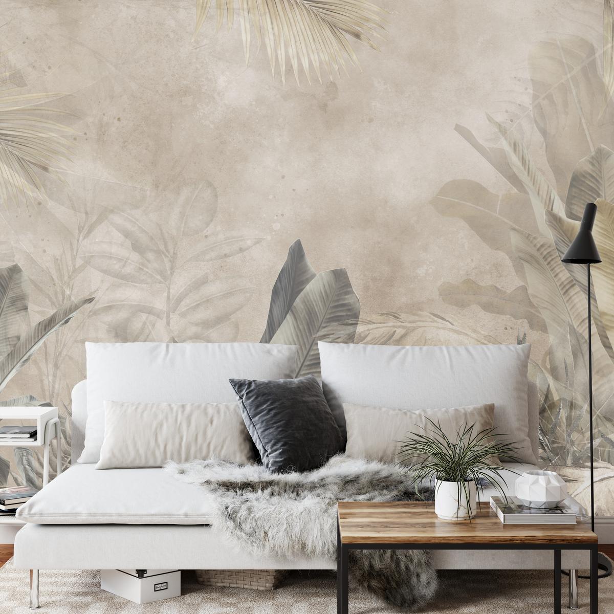 FOTOTAPETE für Schlafzimmer Bananenblätter auf Beton Tropisch Beige 500x350 - Beige/Braun, Papier (500/350cm) - Muralo