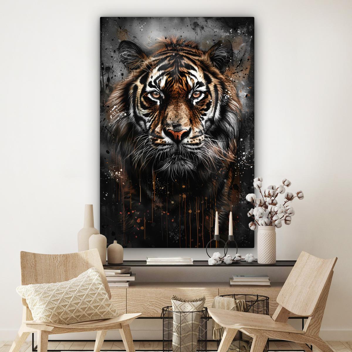 LEINWANDBILD Tiger - Tiere - Porträt - Luxus - Schwarz Deko Groß 90x140 cm - Anthrazit, Textil (90/140cm) - MuchoWow