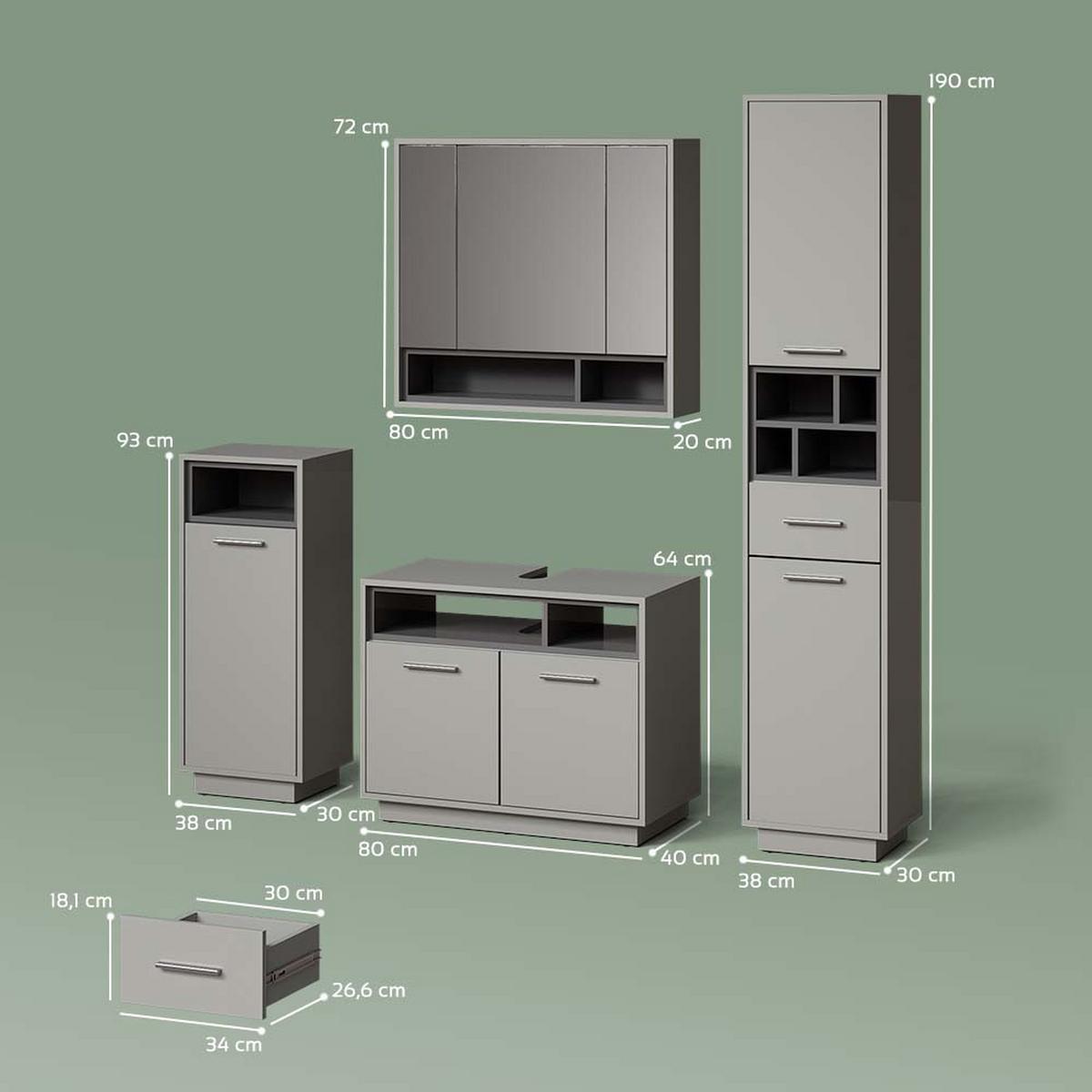 BADMÖBEL-SET Temo Grau 4 Teile - Grau, Holzwerkstoff (80/93/40cm) - Livinity®