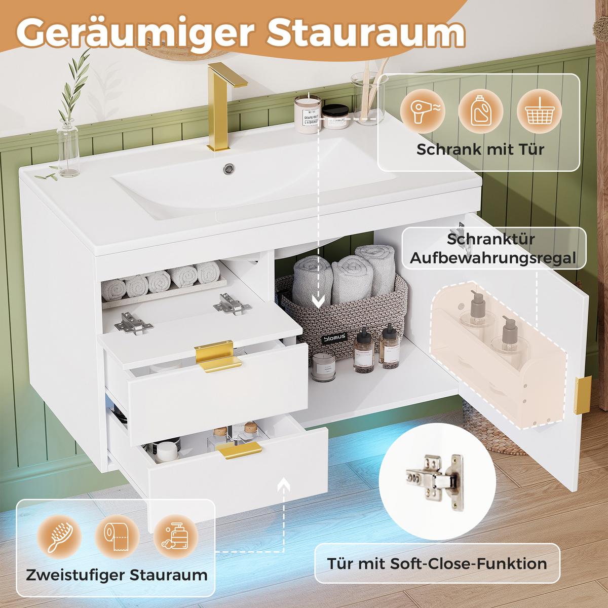 WASCHTISCH mit Unterschrank 76cm Weiß Holzoptik, LED-App & Soft-Close - Weiß, Holzwerkstoff (76/51/46cm) - Urban Meuble