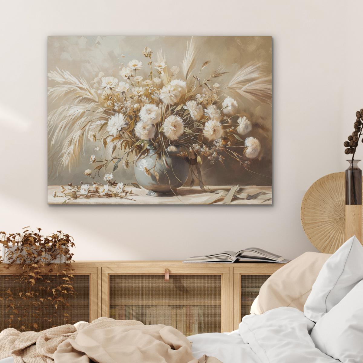 AKUSTIKBILD Blumen - Vase - Stilleben - Beige Gemälde 80x60 cm - Creme, Kunststoff (80/60/0.9cm) - MuchoWow
