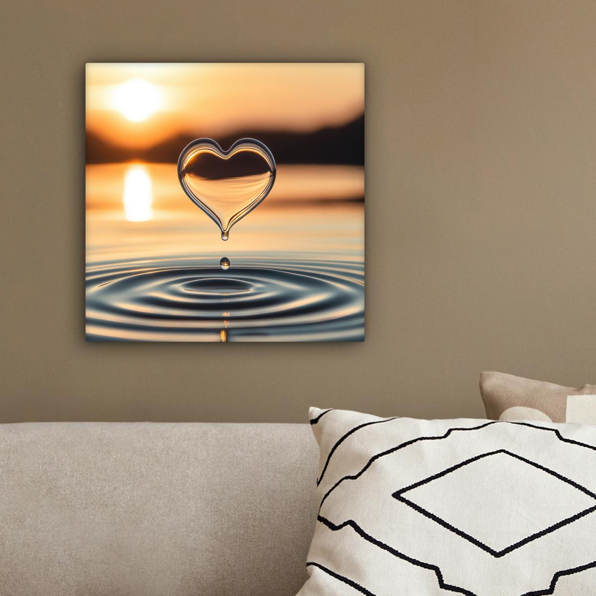 LEINWANDBILD Herz - Wasser - Sonnenuntergang - Natur - Zen Deko Wohnzimmer 20x20 cm - Bernsteinfarben, Textil (20/20cm) - MuchoWow