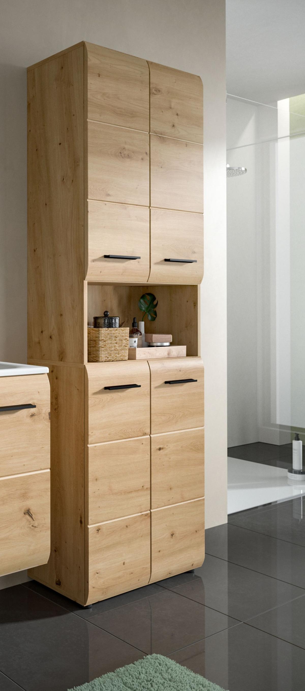 HOCHSCHRANK in Eiche Artisan, Badschrank 4-türig 60 x 185 cm mit viel Stauraum - Schwarz/Eiche Artisan, Holzwerkstoff/Kunststoff (60/185/30cm) - Inn.Furn