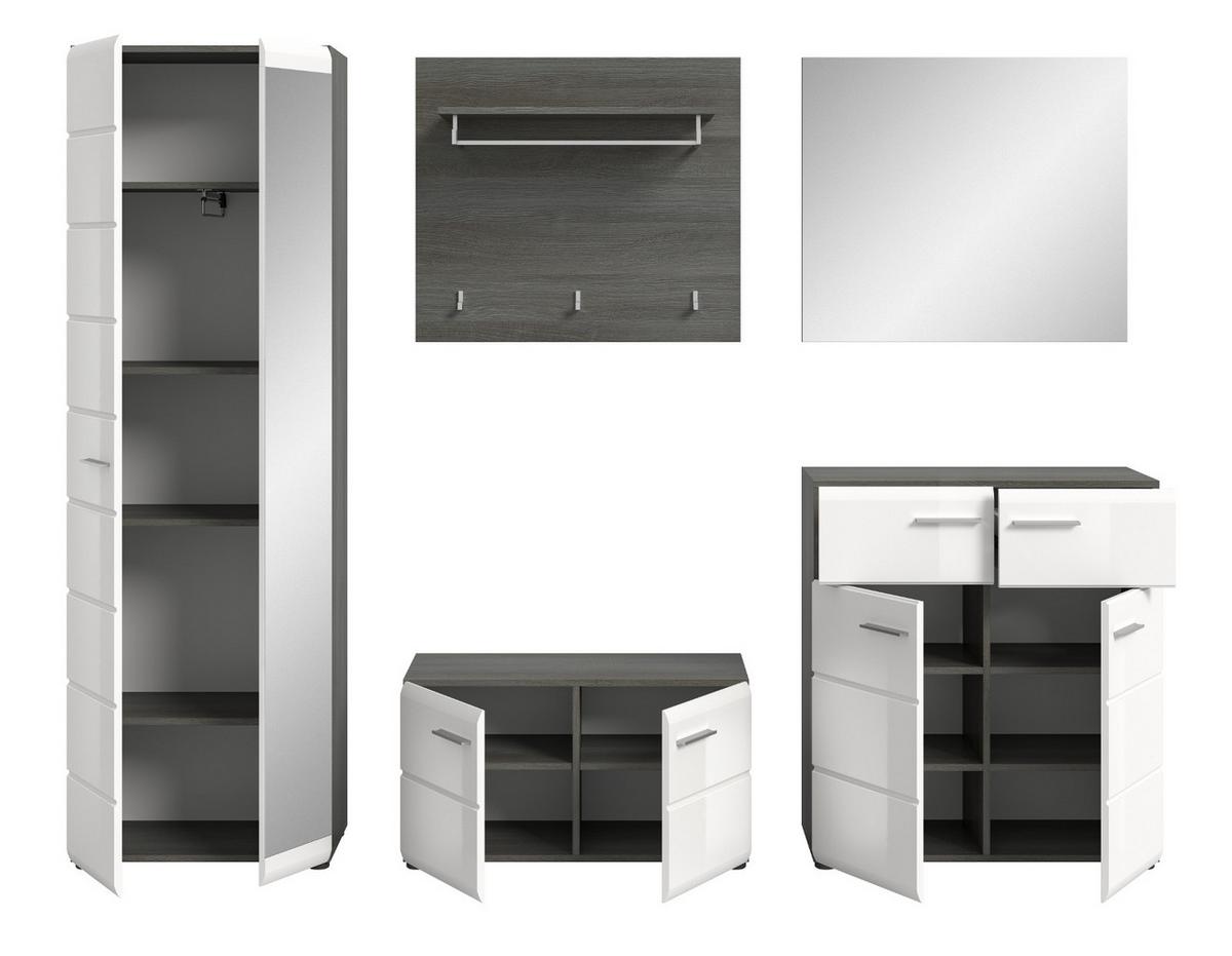 GARDEROBE Set 5-teilig weiß Hochglanz, grau 250 cm, Komplettset mit viel Stauraum - Weiß Hochglanz/Silberfarben, Glas/Holzwerkstoff (250/192/37cm) - Inn.Furn