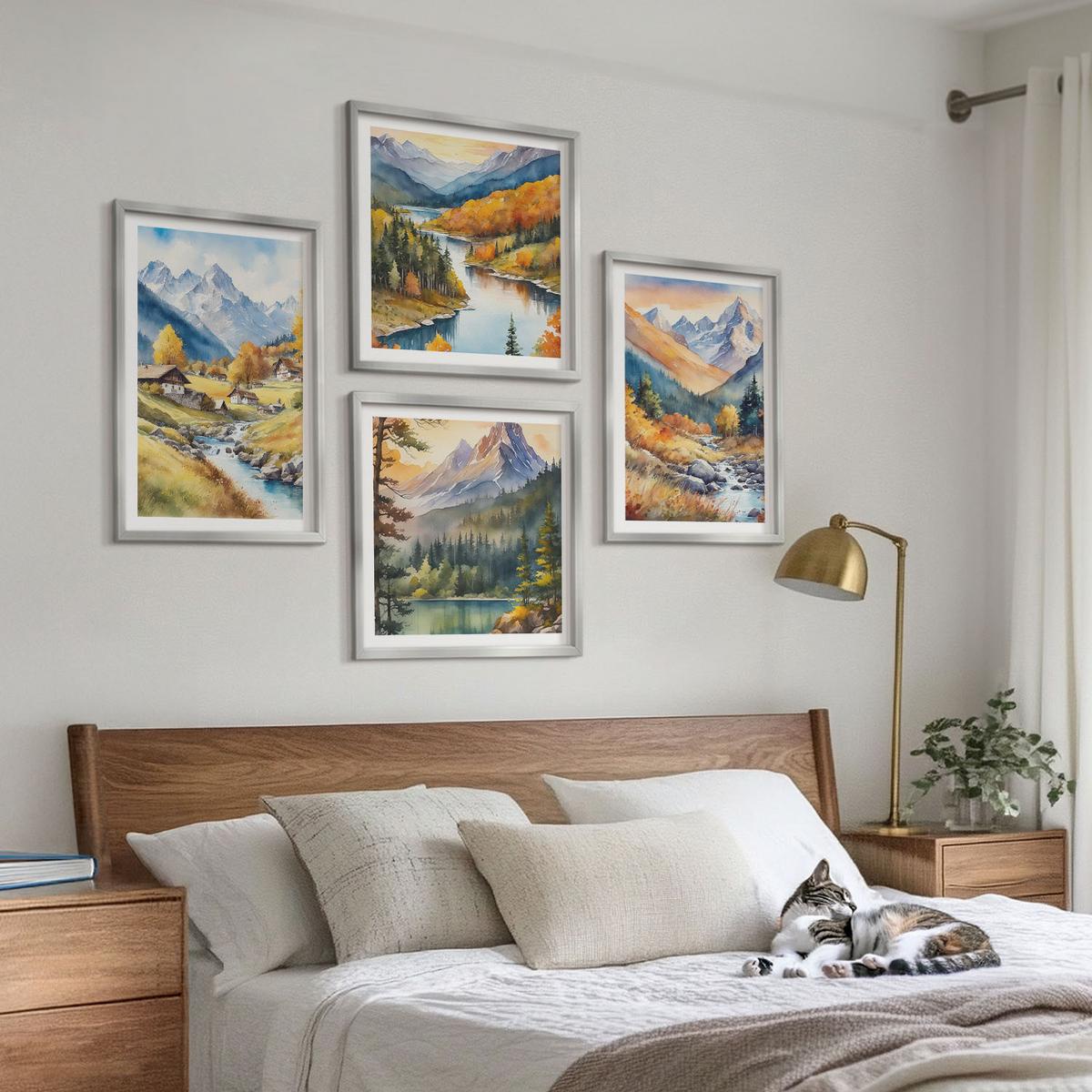 BILDER SET 4er Set - 50x50 cm & 40x60 cm Silberner Rahmen - Berglandschaft, Flusshütten - Silberfarben, Kunststoff (50/50cm) - TULUP