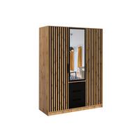 DREHTÜRENSCHRANK GAREN 149/200/57,5 cm 3-türig mit Spiegel Eiche Wotan - Eiche Wotan/Schwarz, Holzwerkstoff (149/200/57.5cm) - MASSENO