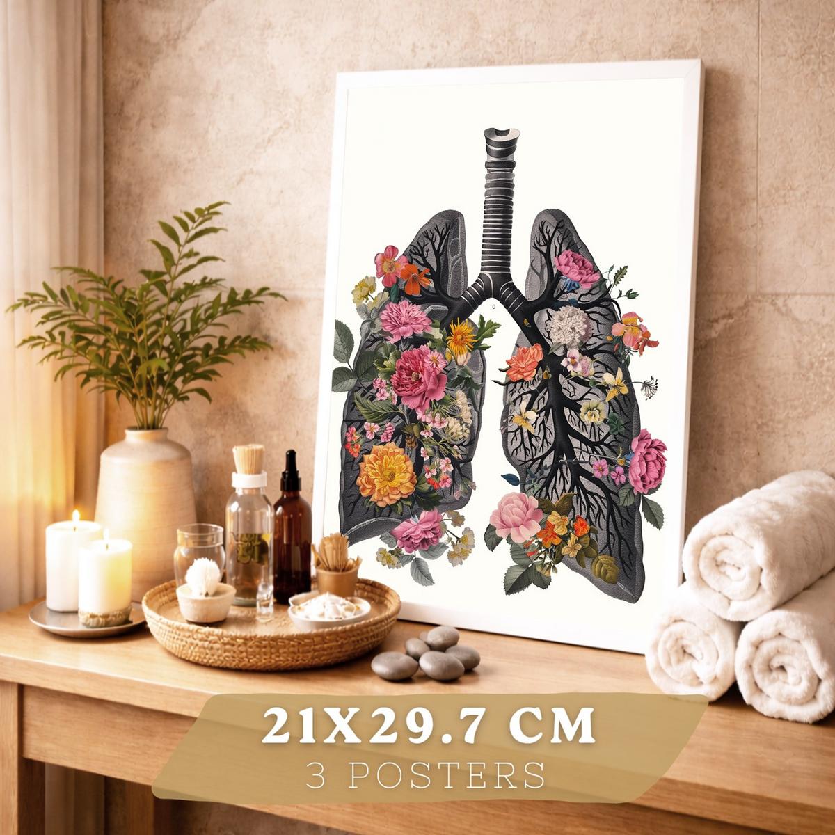 POSTER Set aus 3 Anatomie Mensch Drucke und mit Lungen Luftröhre Bronchien Rippen Wirbelsäule und Schädel Modernes Florales Größe Weißer Rahmen A4 - Weiß, Papier (21/29.7/3cm) - Nacnic