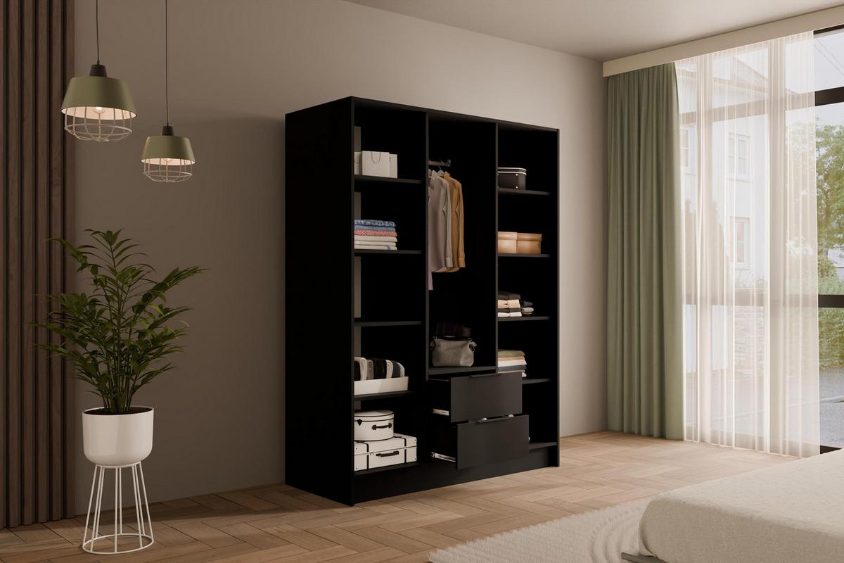 KLEIDERSCHRANK mit Spiegel und Flügeltüren KOLIN 150x200cm Schwarz - Schwarz, Holzwerkstoff (150/200/51cm) - ALTDECOR