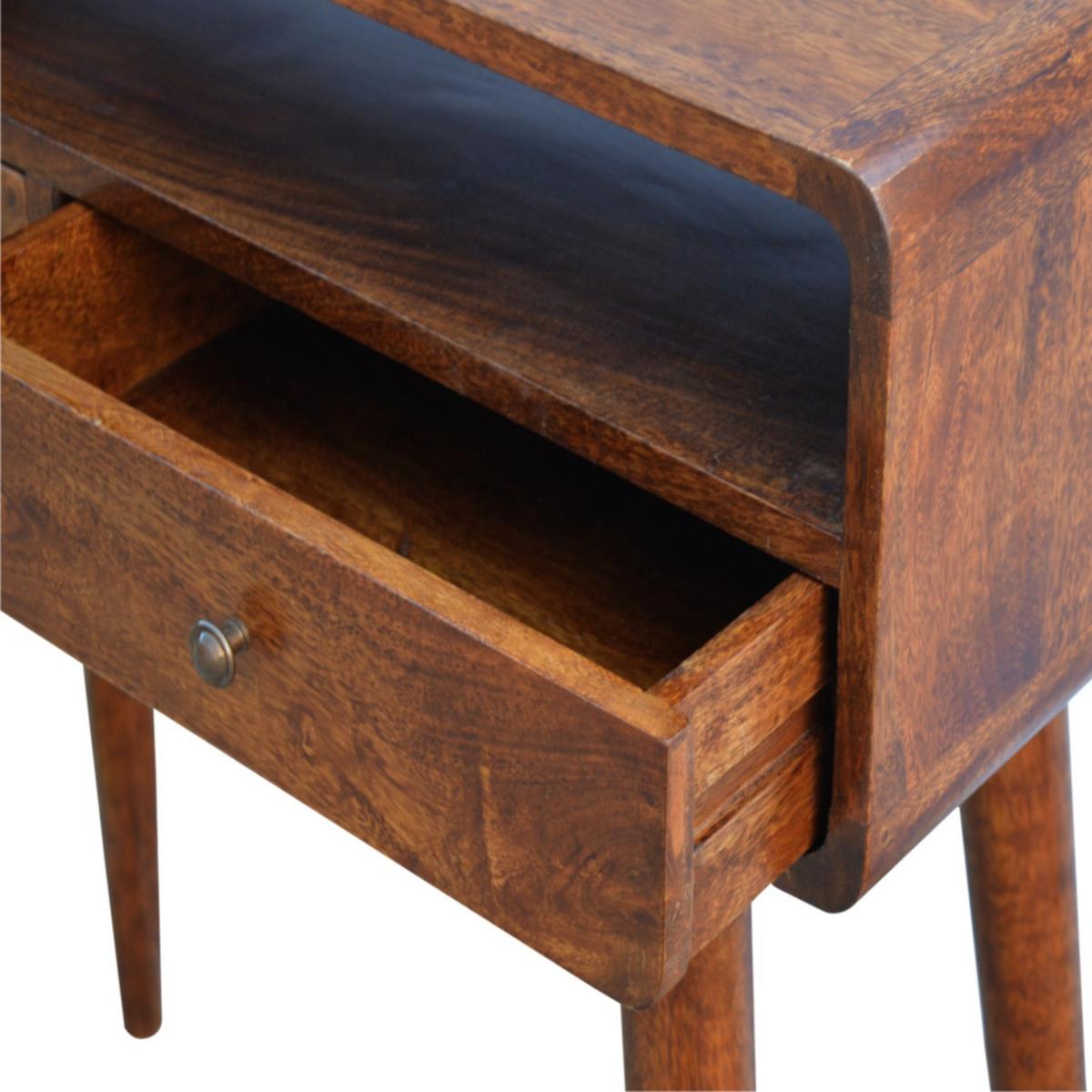 GEKRÜMMTES KONSOLENTISCH im Kastanienholz-Finish, 2 Schubladen, 1 Offenes Fach, Beine im Nordischen Stil, Braun - Messingfarben/Braun, Holz/Metall (35/90/90cm) - Artisan Furniture