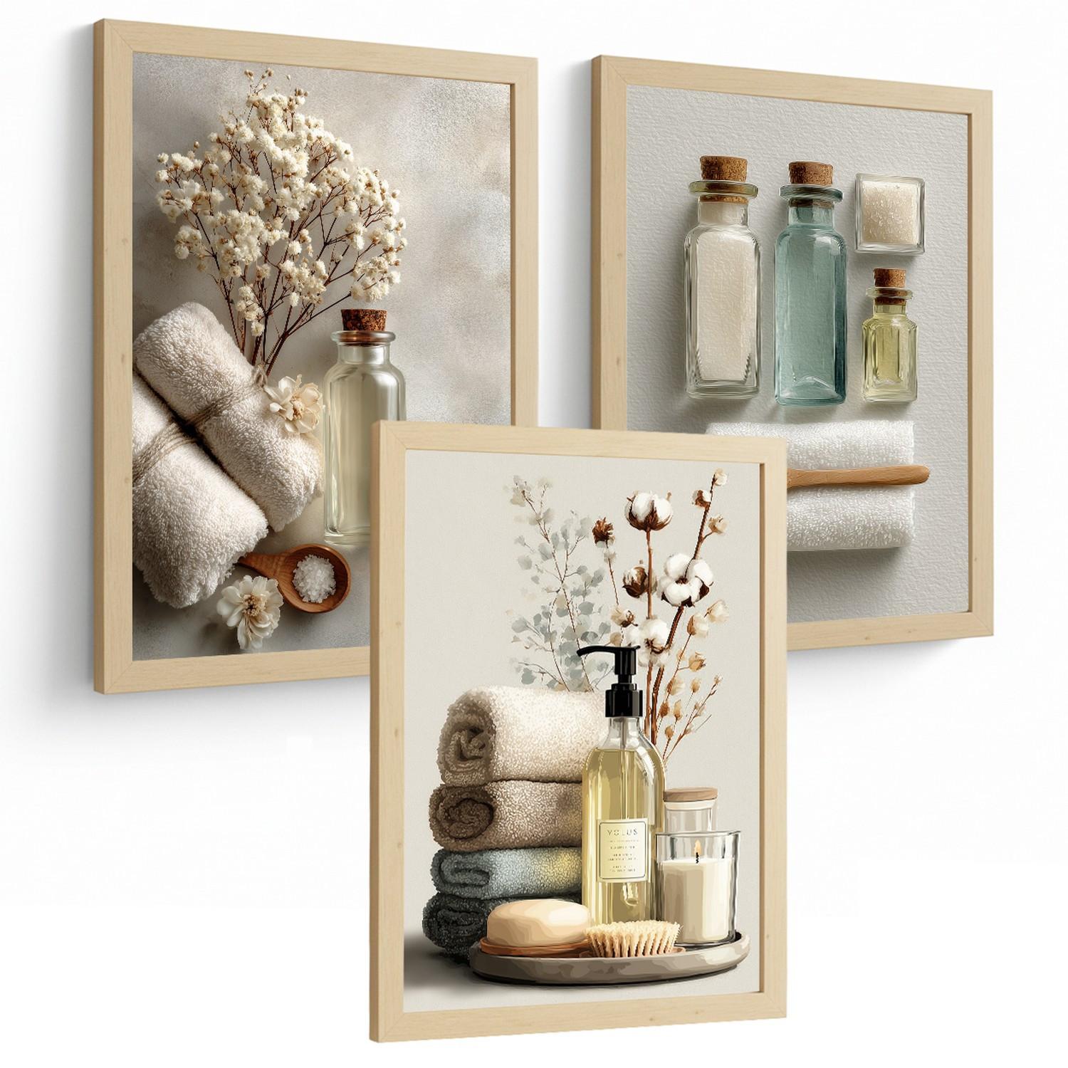 POSTER 3er-Set dekorative Badezimmer-Wandbilder und für Waschbecken, Dusche, WC mit Flaschen, Badesalz und Handtüchern, Leichter Holzrahmen A3 - Beige, Papier (42/29.7/3cm) - Nacnic