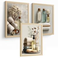 POSTER 3er-Set dekorative Badezimmer-Wandbilder und für Waschbecken, Dusche, WC mit Flaschen, Badesalz und Handtüchern, Leichter Holzrahmen A3 - Beige, Papier (42/29.7/3cm) - Nacnic