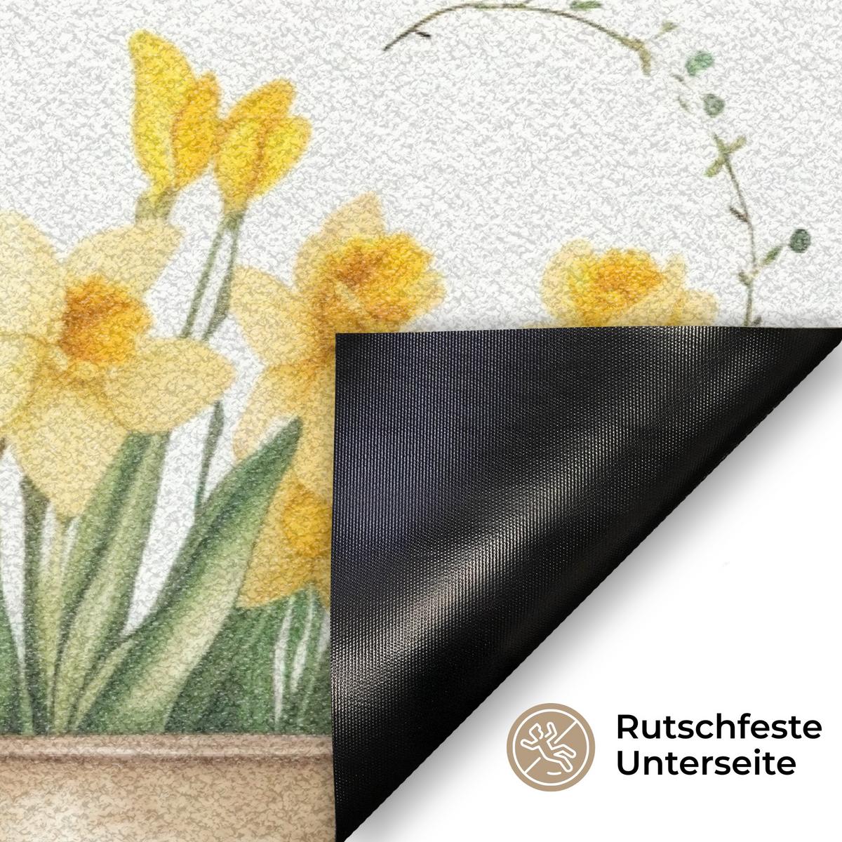 FUSSMATTE Gießkanne - Blumen - Eier Teppichmatte 60x40 cm - Gelb/Weiß, Kunststoff (40/60cm) - MuchoWow