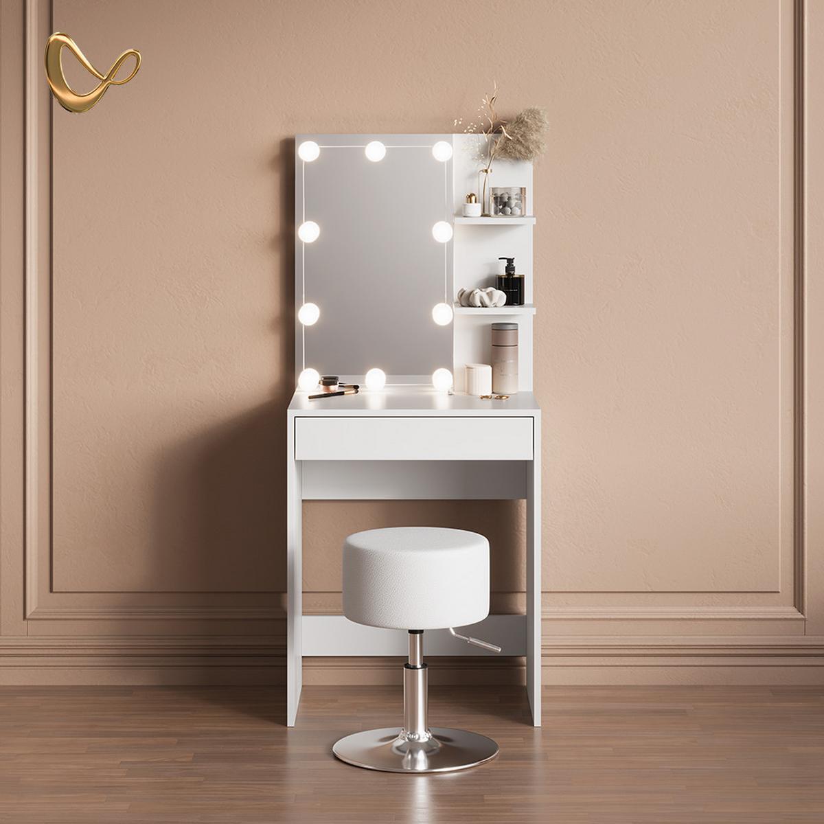 SCHMINKTISCH Nola Weiß mit LED Beleuchtung und Hocker - Weiß, Holzwerkstoff (60/140/40cm) - Livinity®