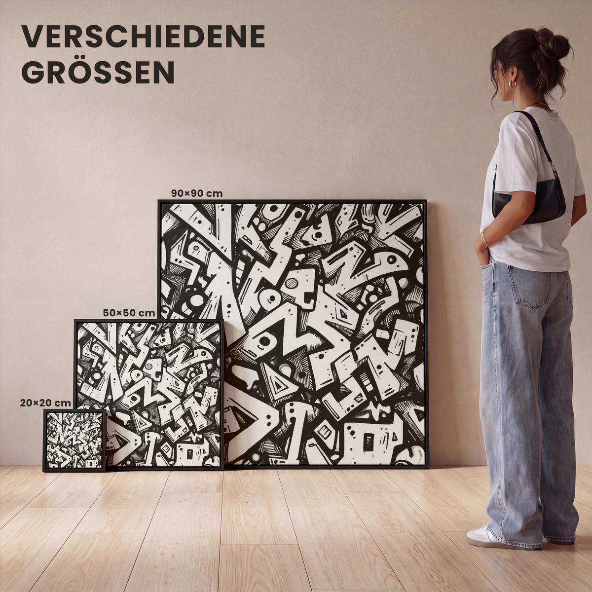 LEINWAND Bilder mit Rahmen - Formen - Buchstaben - Graffiti - Schwarz - 20x20 - Schwarz, Textil (20/20cm) - MuchoWow