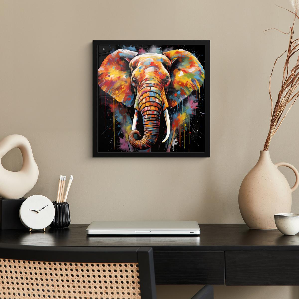 POSTER MIT RAHMENGERAHMTES BILD Elefant - Graffiti - Schwarz - Tiere - Farben 40x40 cm - Schwarz, Papier (40/40cm) - MuchoWow