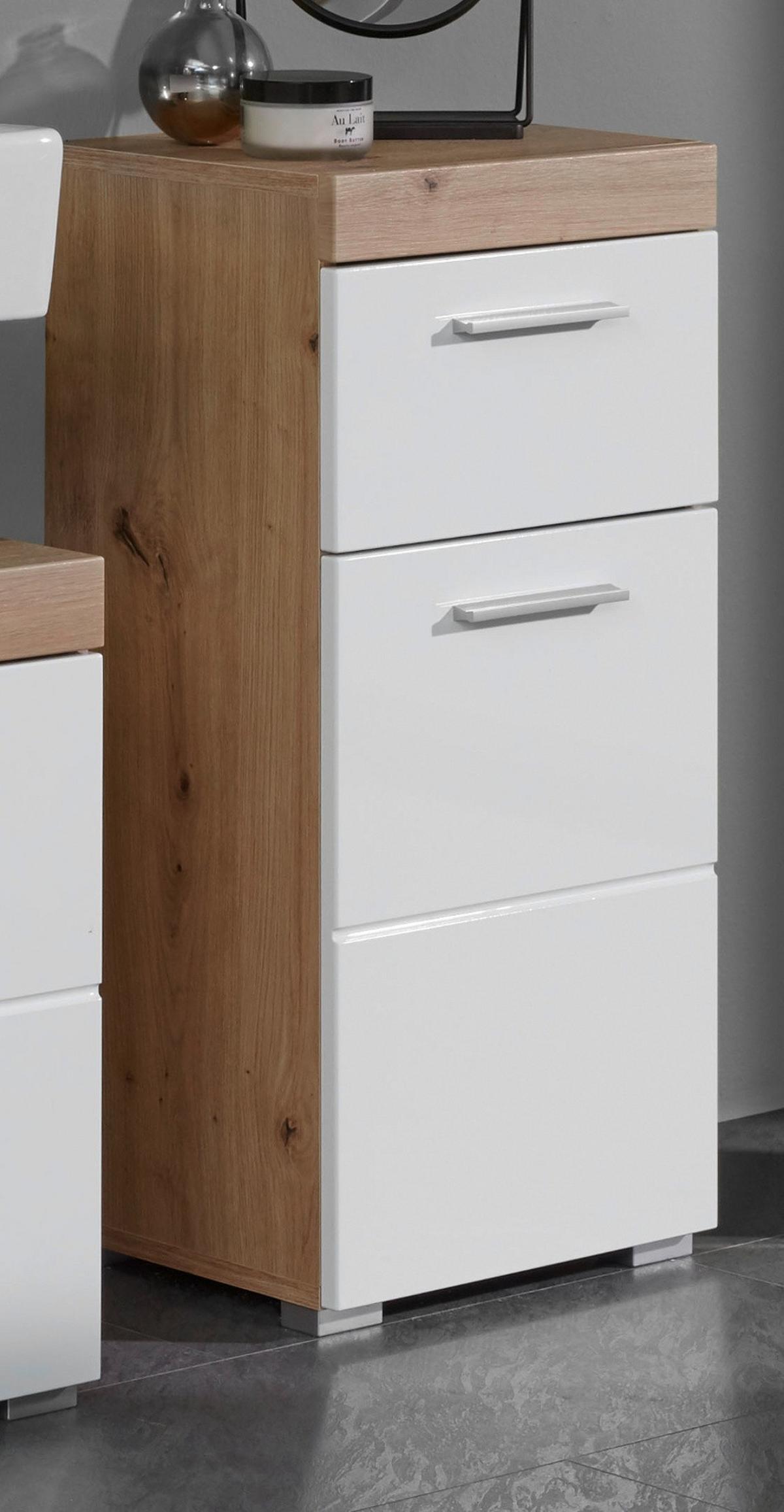 BADSCHRANK weiß Hochglanz, Asteiche 37 x 79 cm, Badezimmer Kommode modern - Eichefarben/Weiß, Holzwerkstoff/Kunststoff (37/79/31cm) - Top.Furn