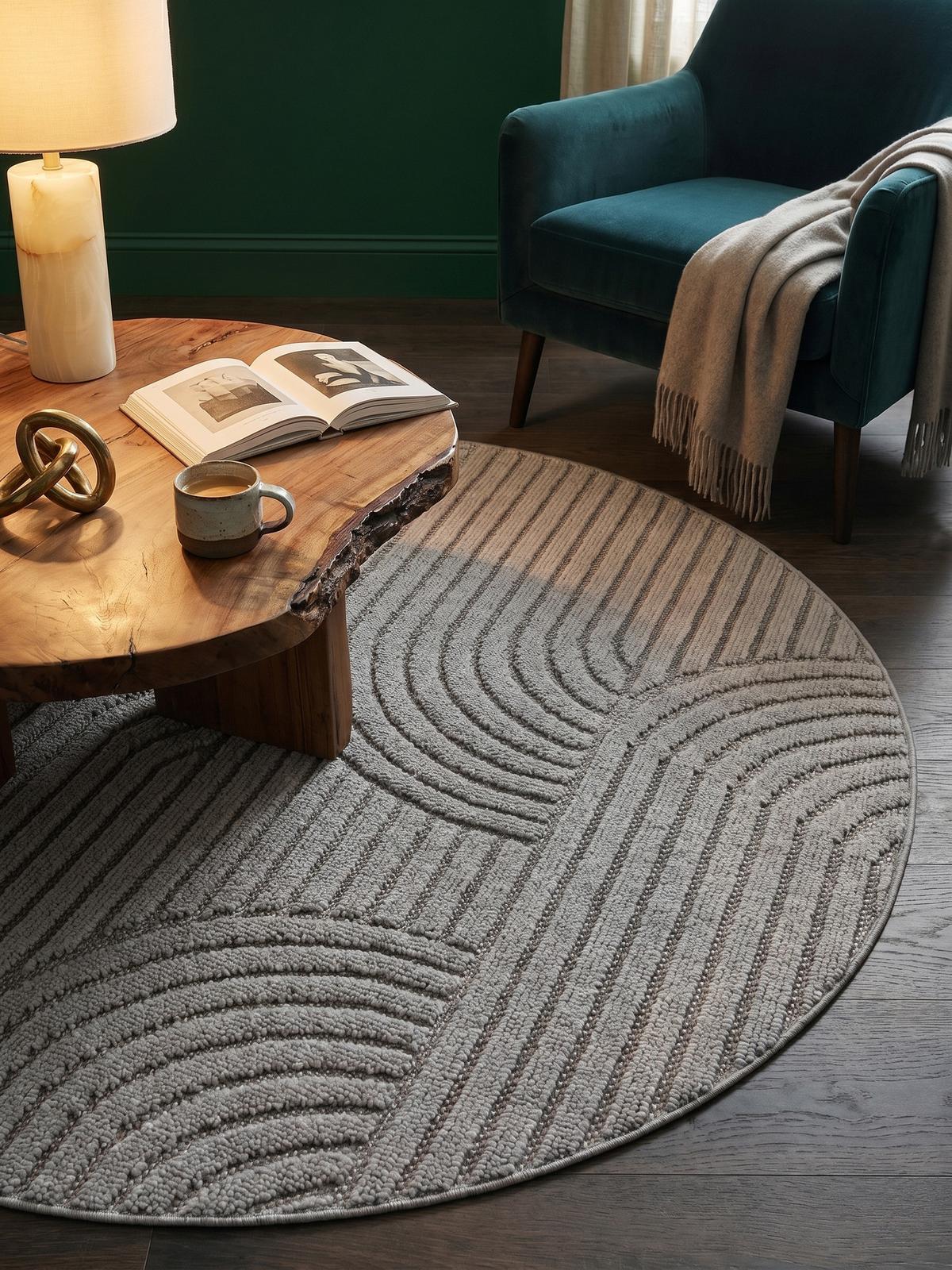 TEPPICH Flachgewebe LANGAU in Silber, mit geometrischen Bögen, Ø 200 cm - Silberfarben, Textil (200/200cm) - KADIMA DESIGN
