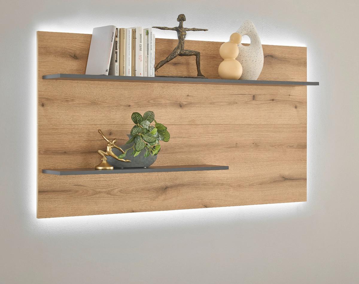 WANDPANEEL Evoke Eiche, grau 155 cm, Wandregal inklusive Beleuchtung - Eichefarben/Grau, Holzwerkstoff/Metall (155/80/20cm) - Furn.Design