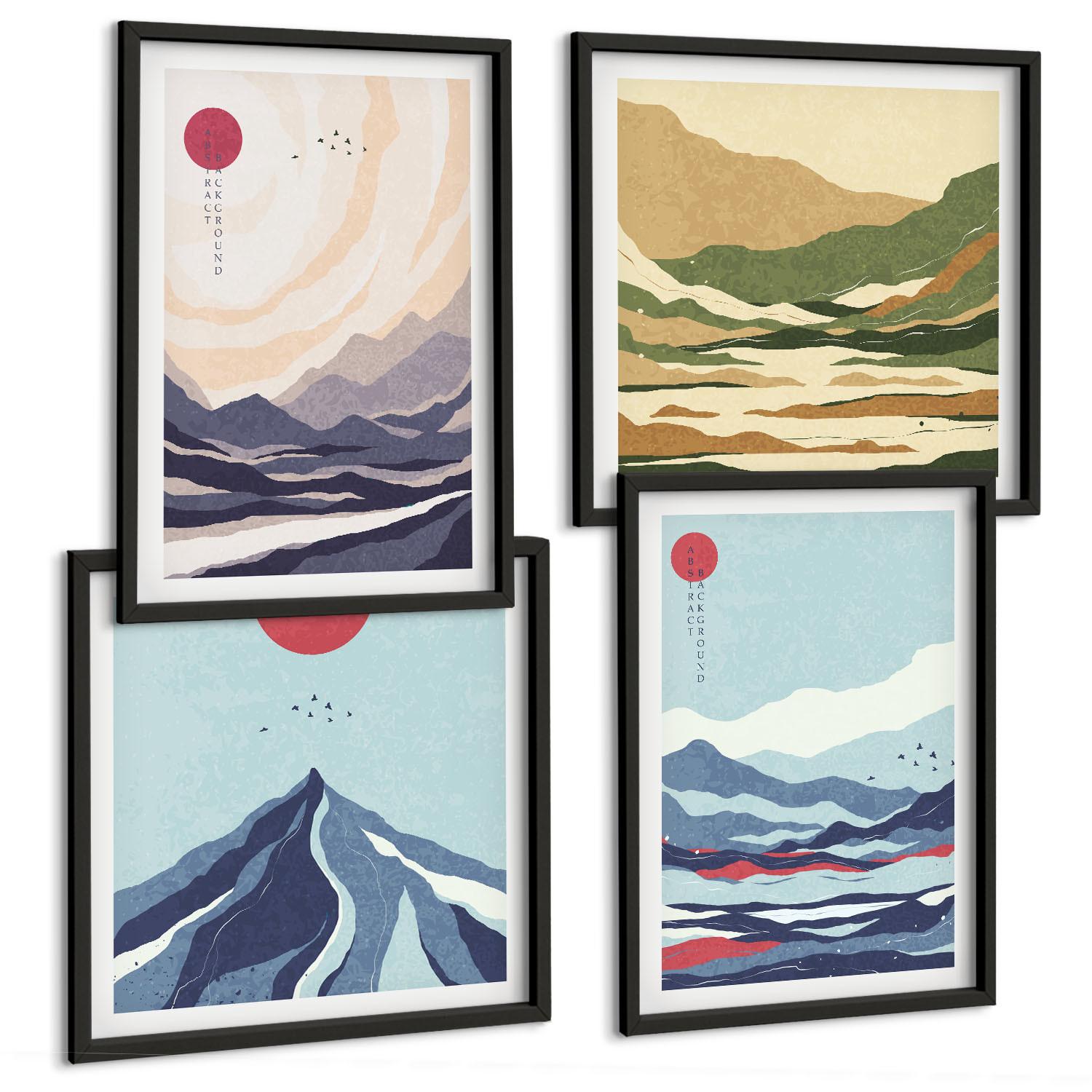 BILDER SET 4er Set - 50x50 cm & 40x60 cm Schwarzer Rahmen - Abstrakte Berglandschaften - Schwarz, Kunststoff (50/50cm) - TULUP