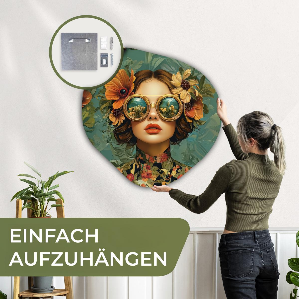 WANDBILD Frau - Blumen - Schmetterlinge - Natur - Vintage Room Decor 90x90 cm - Petrol, Kunststoff (90/90cm) - MuchoWow