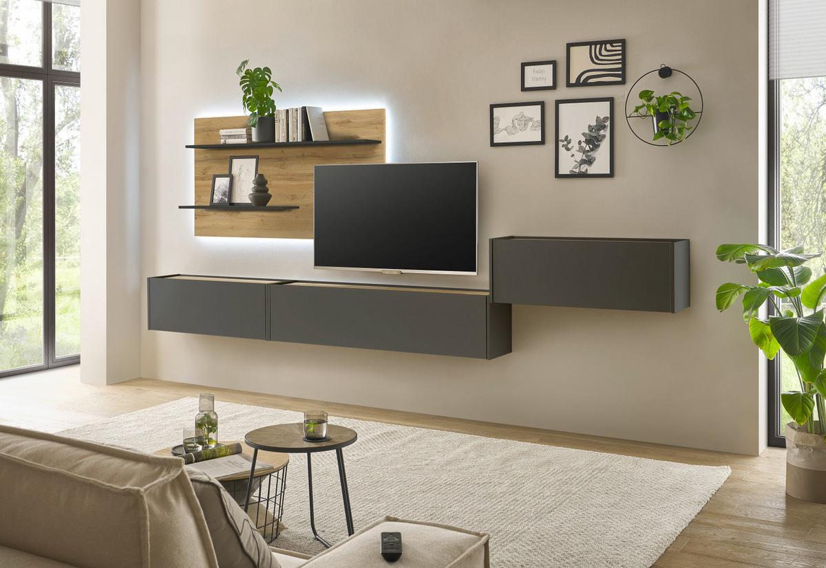 WOHNWAND grau matt, Eiche Wotan 350 cm, Schrankwand mit Sekretär - Eiche Wotan/Grau, Holzwerkstoff/Metall (350/180/30cm) - Furn.Design