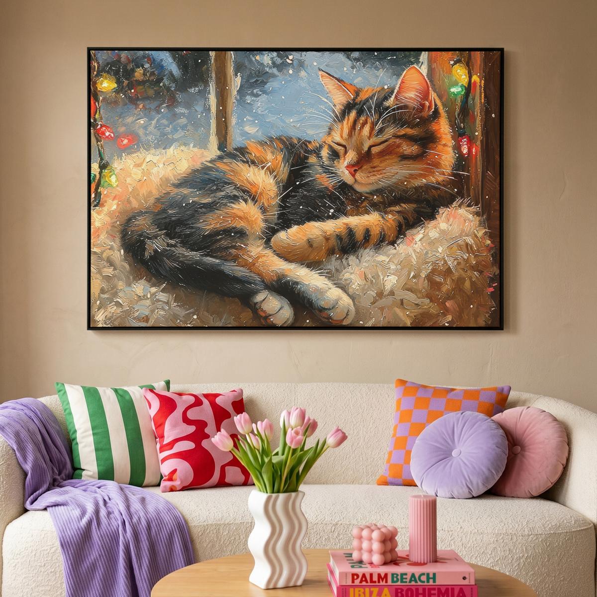LEINWAND Bilder mit Rahmen - Katze - Weihnachten - Winter - Tier - 120x80 - Bernsteinfarben, Textil (120/80cm) - MuchoWow