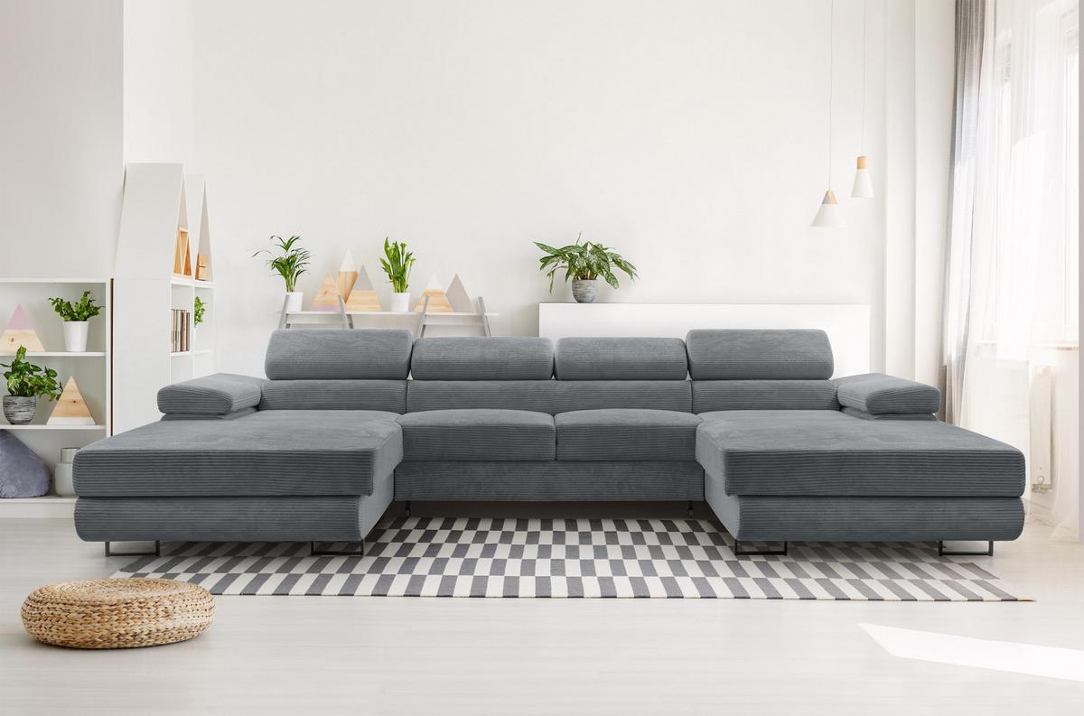 WOHNLANDSCHAFT Arborio Dunkelgrau 352/202/90 cm mit Schlaffunktion - Dunkelgrau/Schwarz, Textil/Metall (352/90/202cm) - AX Living