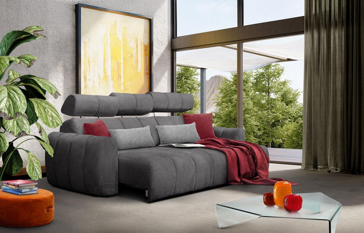ECKSOFA KIMI 3-Sitzer, ausziehbarer Sitz, verstellbare Kopfstützen, dunkelgrau - Anthrazit/Schwarz, Holzwerkstoff/Textil (270/160cm) - Wozimo