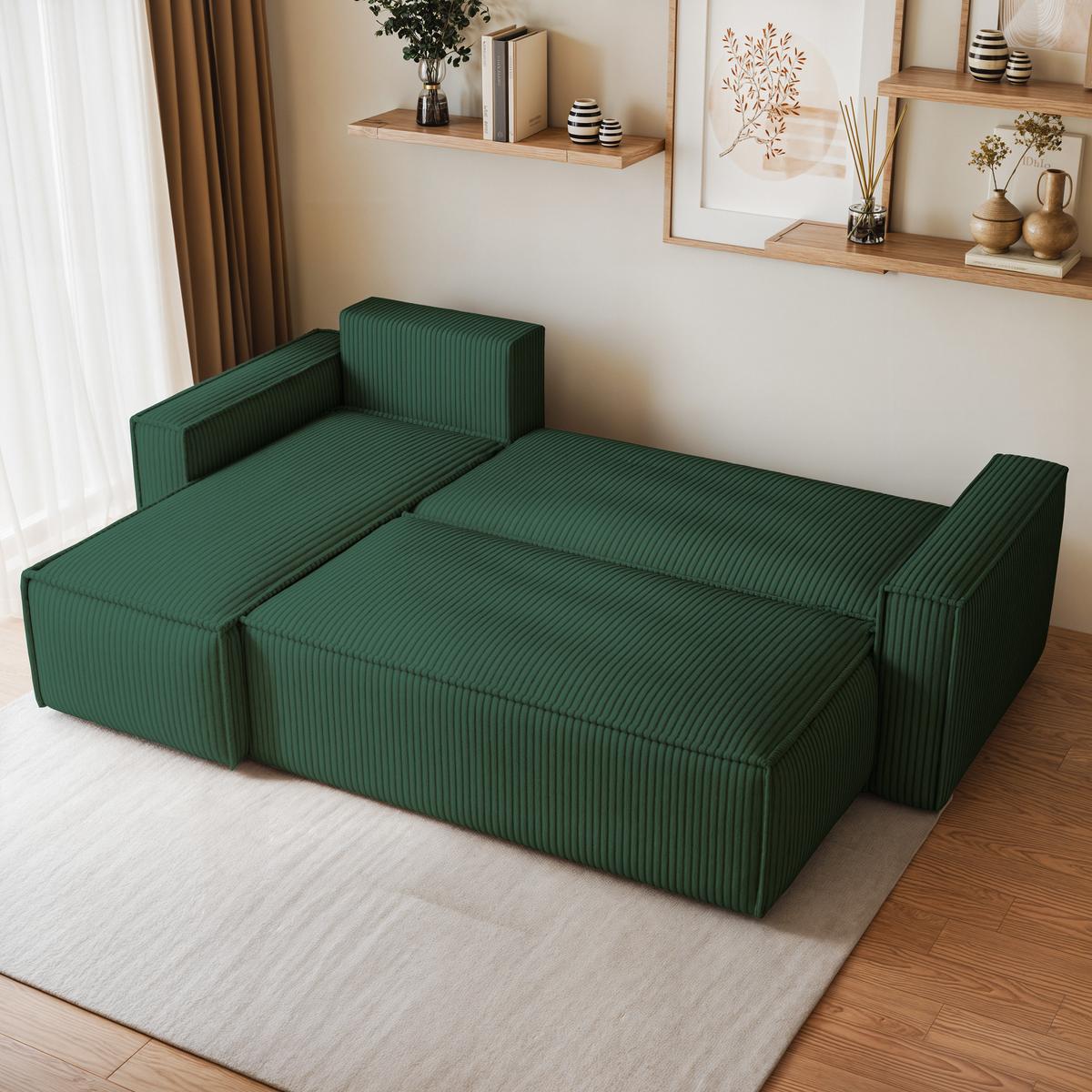 ECKSOFA RAVELO P Grün Kordstoff mit Schlaffunktion - Grau/Grün, Holz/Kunststoff (240/140cm) - MASSENO