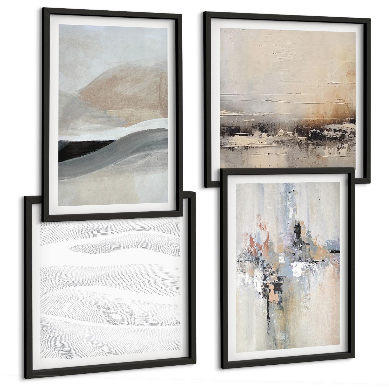 BILDER SET 4er Set - 50x50 cm & 40x60 cm Schwarzer Rahmen - Abstrakte Erdmuster - Schwarz, Kunststoff (50/50cm) - TULUP
