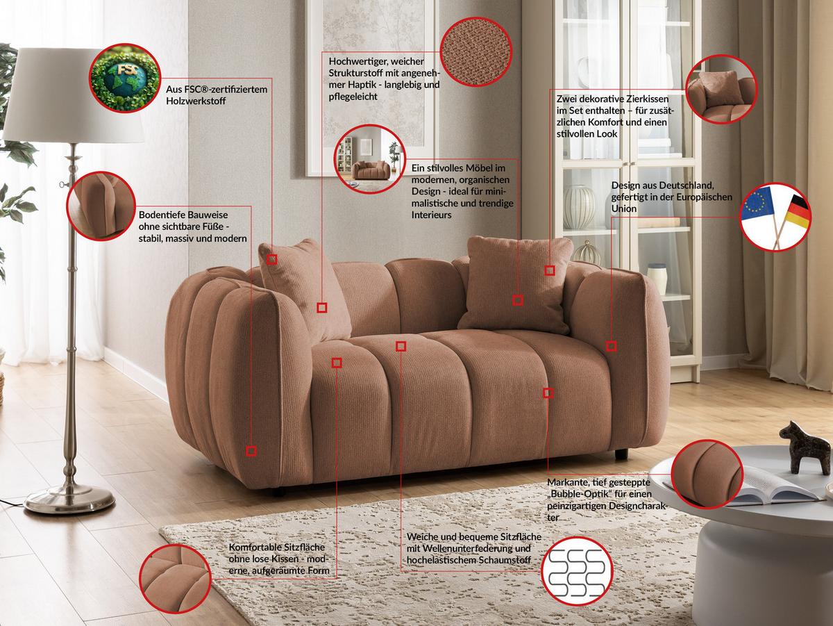 2-SITZER SOFA Nubira in tief gesteppter Bubble-Optik aus weichem Terrakotta Strukturstoff im modernen Design - Terracotta/Schwarz, Holz/Kunststoff (172/69/89cm) - S-Style Möbel