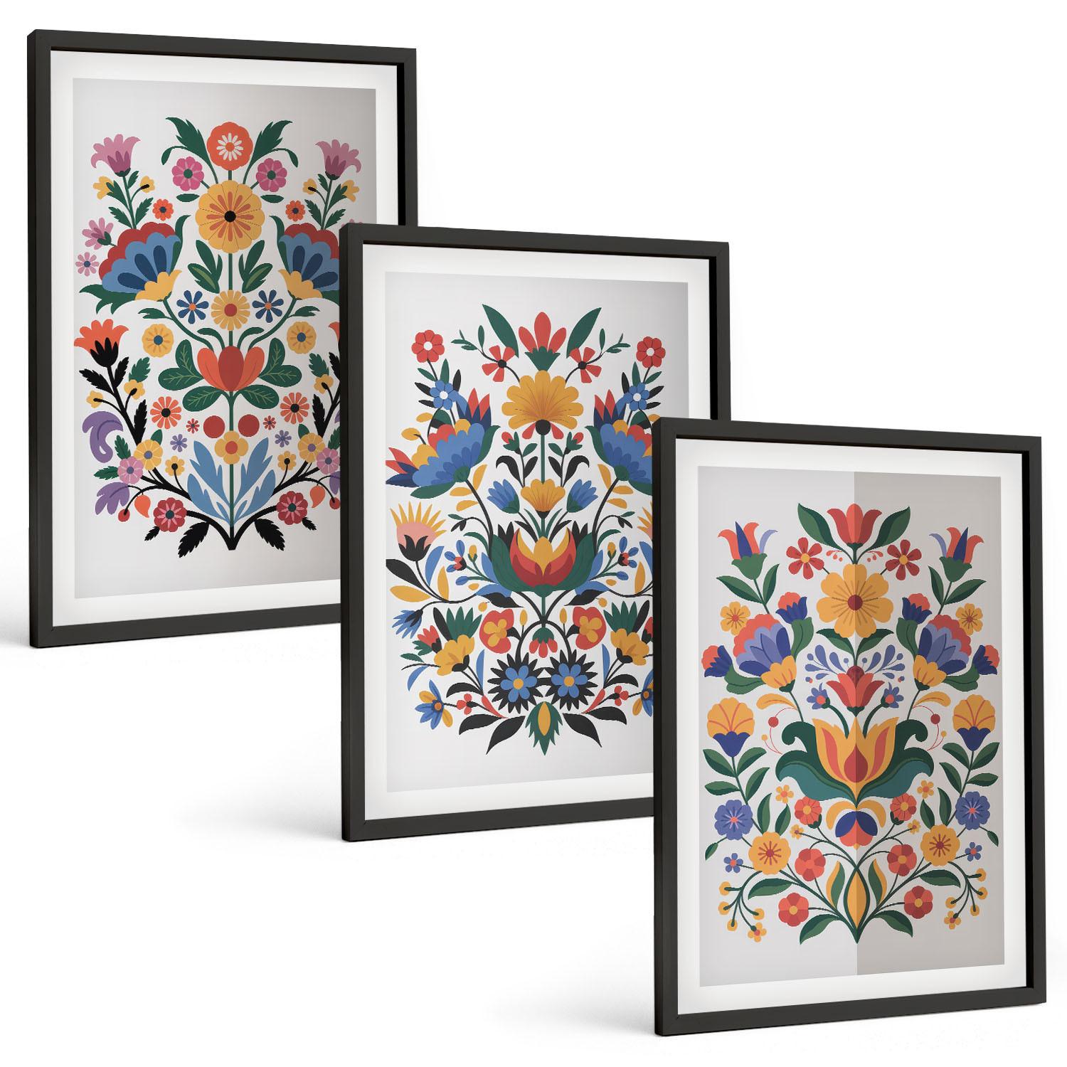 BILDER SET 3er Set - 40x60 cm Schwarzer Rahmen - Blumenmuster in intensiven Farben - Schwarz, Kunststoff (40/60cm) - TULUP