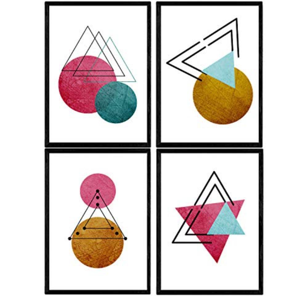 POSTER Set mit 4 Geometrische Nordischer Kreisen und Dreiecken A4 Schwarzer Rahmen - Schwarz, Papier (29.7/3cm) - Nacnic