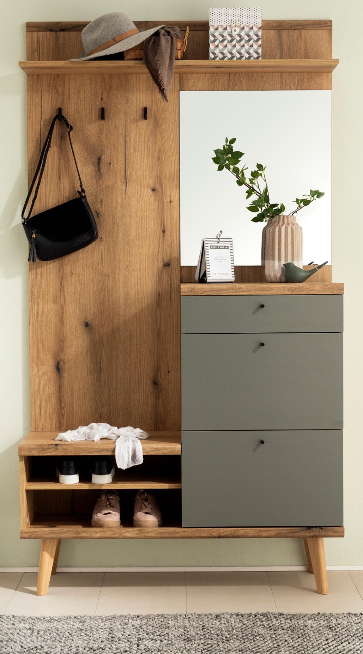 GARDEROBEN-SET Evoke Eiche und Salbei, Kompaktgarderobe skandinavisch 110 x 200 cm - Salbeigrün/Eichefarben, Glas/Holz (110/200/34cm) - Furn.Design