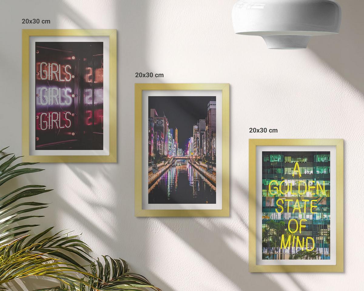 BILDER SET 3er Set - 20x30 cm Goldrahmen - Neonlichter am Fluss bei Nacht - Goldfarben, Kunststoff (20/30cm) - TULUP