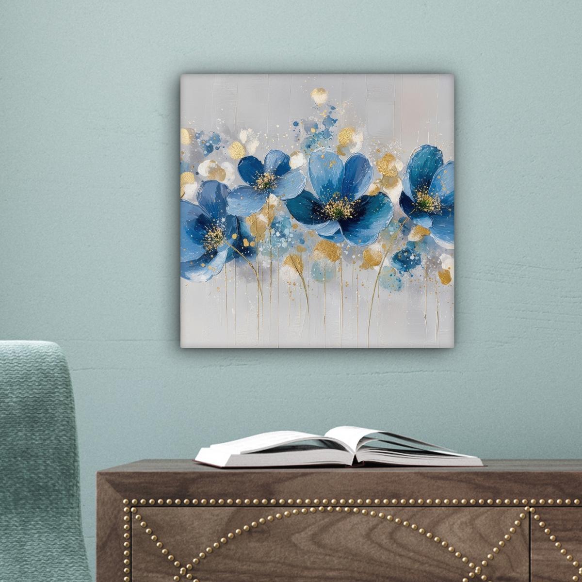 LEINWANDBILD Blumen - Blau - Abstrakt Deko Wohnzimmer 20x20 cm - Hellgrau, Textil (20/20cm) - MuchoWow
