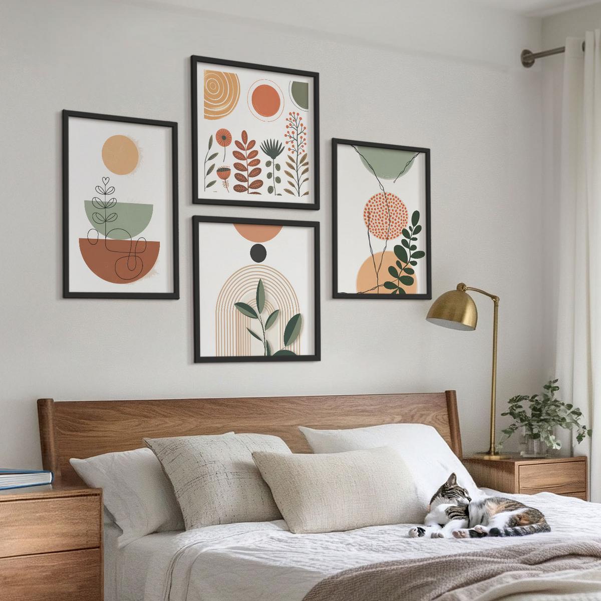 BILDER SET 4er Set - 50x50 cm & 40x60 cm Schwarzer Rahmen - Abstrakte Pflanzenformen - Schwarz, Kunststoff (50/50cm) - TULUP