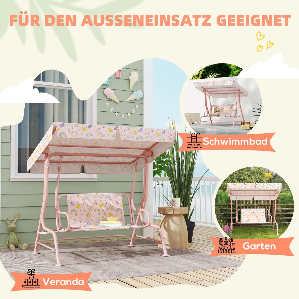 KINDER Hollywoodschaukel 2-Sitzer Kinderschaukel mit verstellbarem Sonnendach - Rosa, Metall (75/120/112cm) - AIYAPLAY