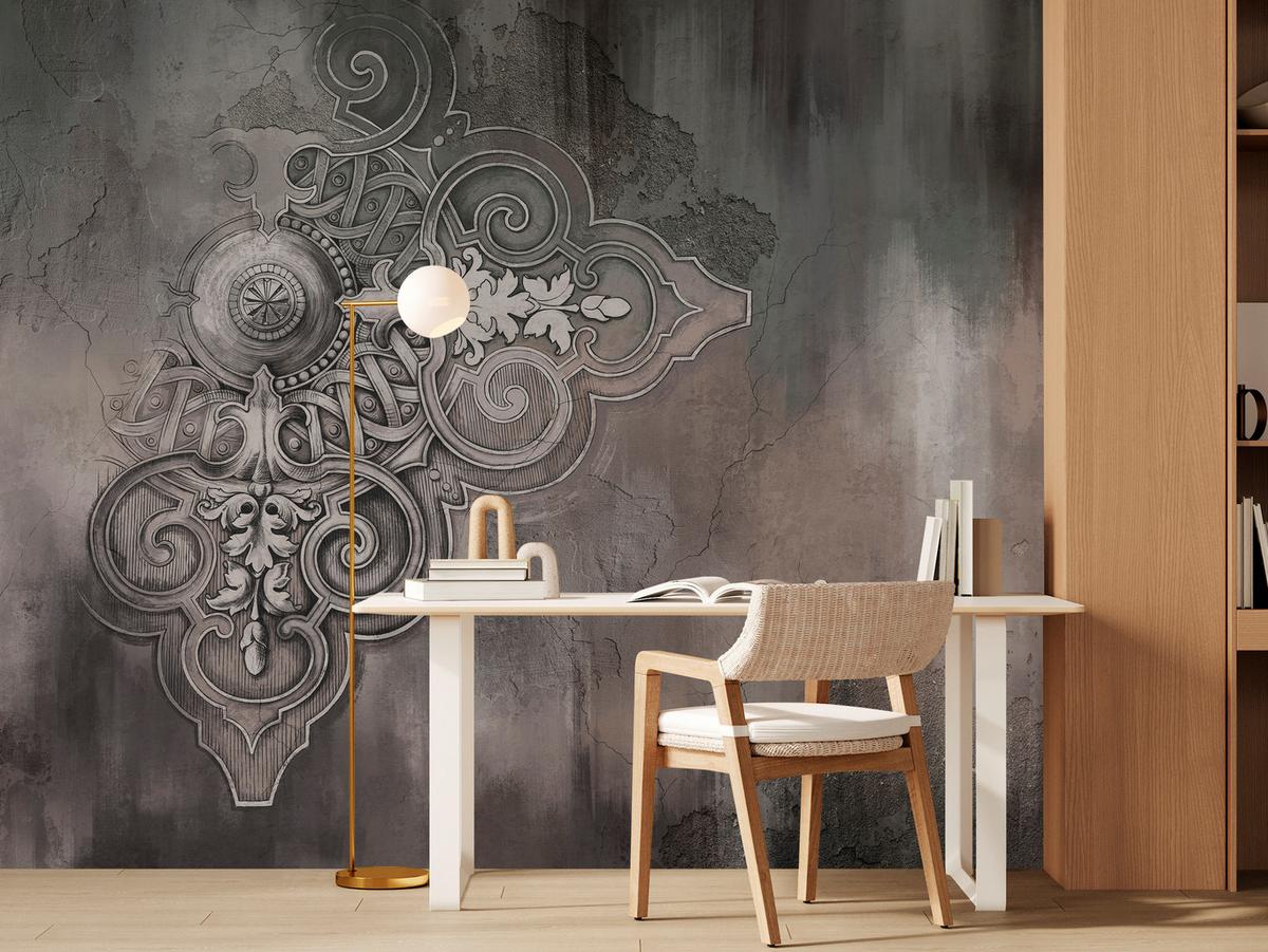 FOTOTAPETE für Wohnzimmer Retro Ornament Betonwand 350x256 - Schwarz/Braun, Papier (350/256cm) - Muralo
