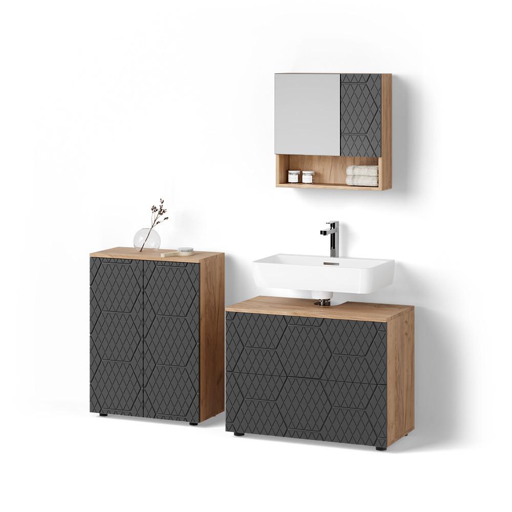 BADMÖBEL-SET Ronco Anthrazit mit Wabenstruktur 3 Teile, mit Unterschrank 80 cm - Anthrazit, Holzwerkstoff (80/58/41cm) - Livinity®