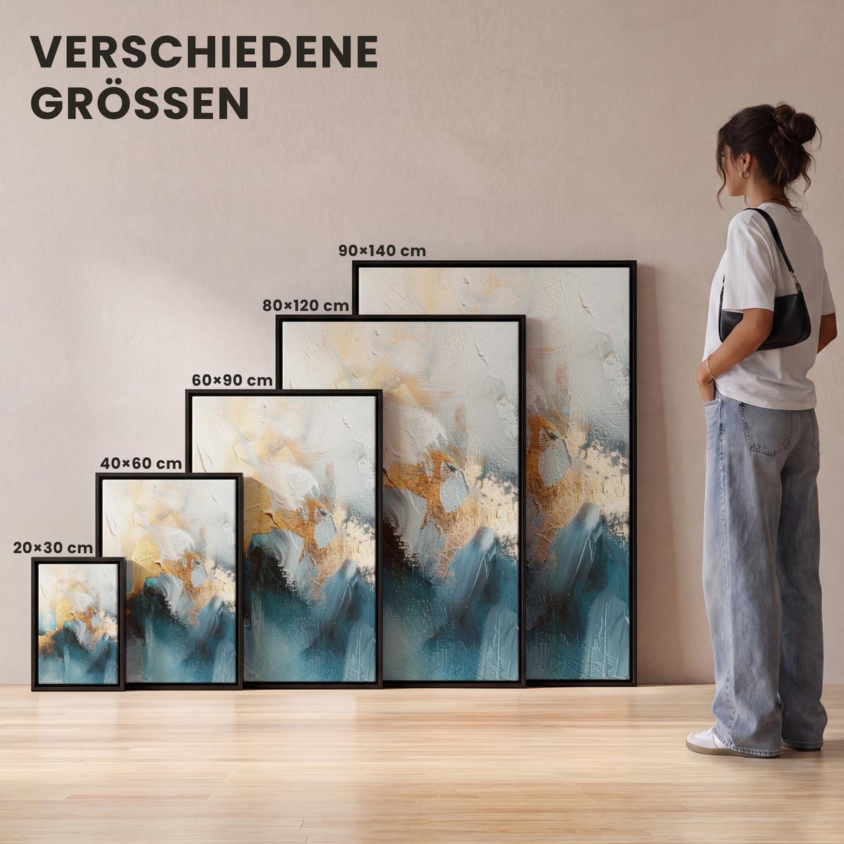 LEINWAND Bilder mit Rahmen - Abstrakt - Kunst - Gold - Blau - 80x120 - Petrol, Textil (80/120cm) - MuchoWow