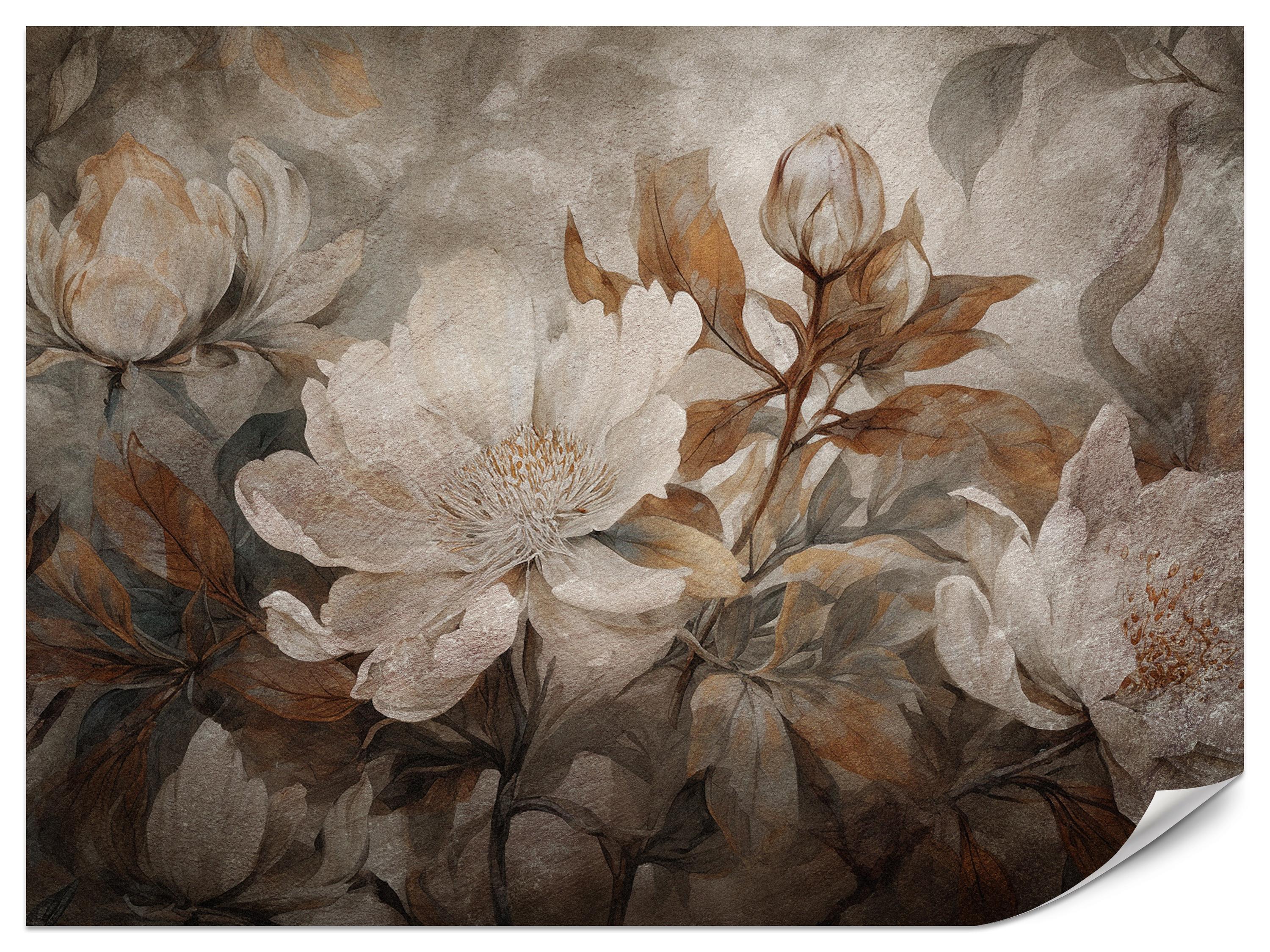 FOTOTAPETE für Wohnzimmer Blumen Blätter Pflanzen Natur Retro Stil 100x70 - Beige/Orange, Papier (100/70cm) - Muralo