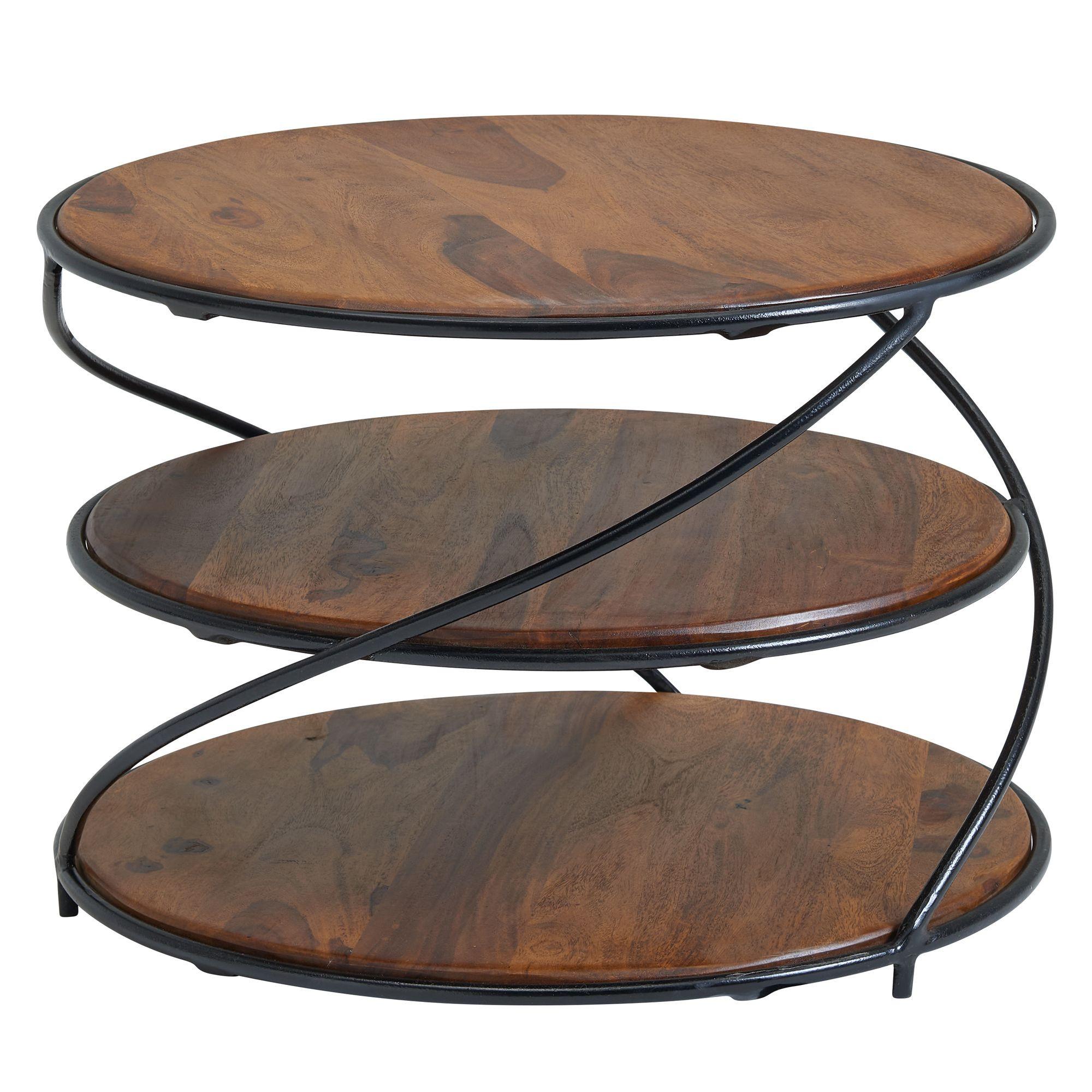 COUCHTISCH aus Sheesham-Massivholz, 58x58 cm, mit 3 Ablageflächen und außergewöhnlichem Design - Schwarz/Braun, Holz/Metall (58/58/40cm) - KADIMA DESIGN