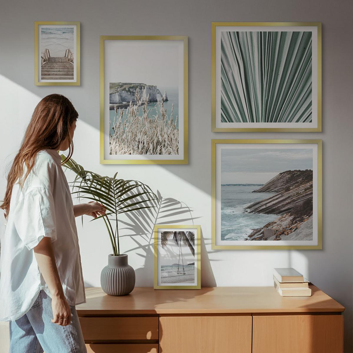 BILDER SET 5er Set - 50x50 cm & 20x30 cm & 40x60 cm Goldrahmen - Strandtreppe Schaukel Meer - Goldfarben, Kunststoff (40/60cm) - TULUP