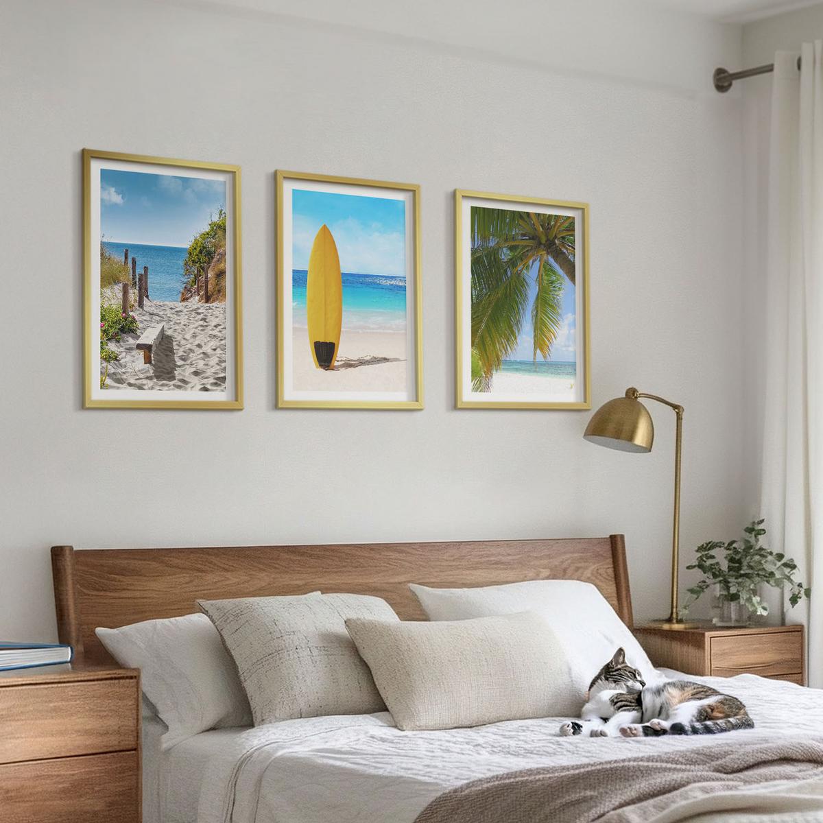BILDER SET 3er Set - 40x60 cm Goldrahmen - Urlaubsstrände, Wellen, Palmen - Goldfarben, Kunststoff (40/60cm) - TULUP