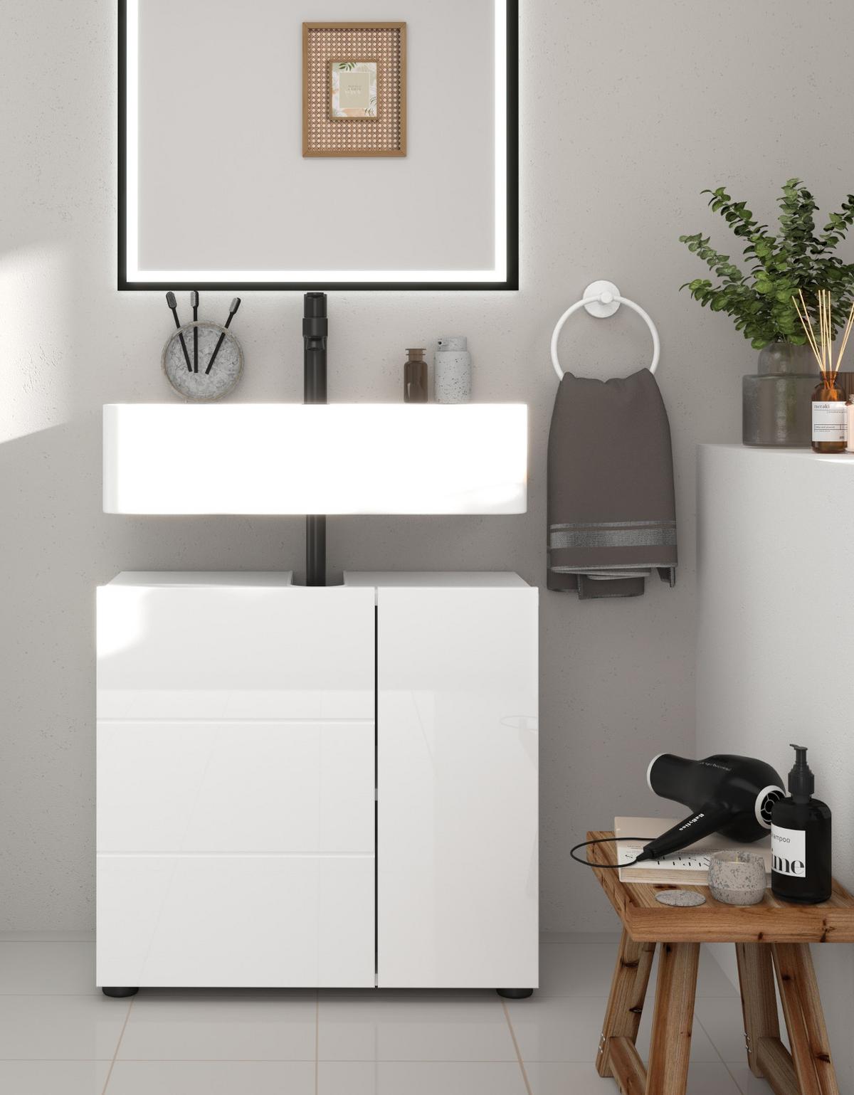 WASCHBECKENUNTERSCHRANK weiß Hochglanz 60 cm, Bad Unterschrank 2-türig - Weiß Hochglanz/Schwarz, Holzwerkstoff/Kunststoff (60/56/34cm) - Inn.Furn