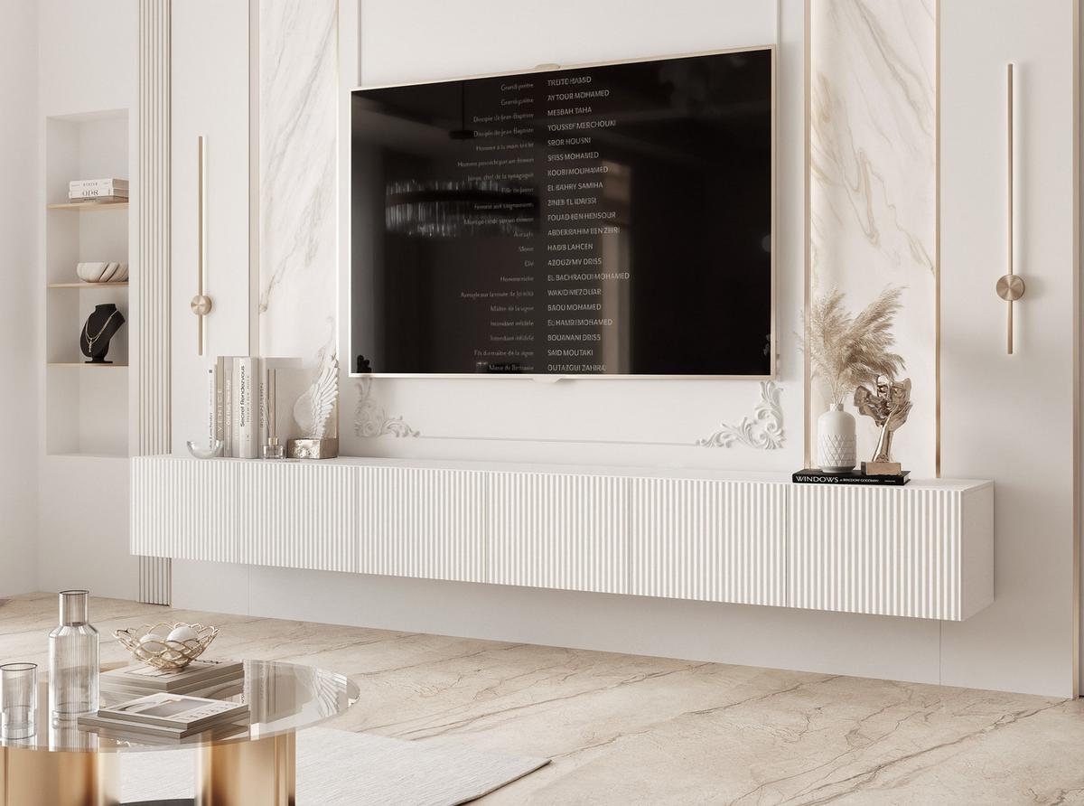 TV-HÄNGESCHRANK ANGEL 300 cm, geriffelte Front, LED-Beleuchtung, Weiß - Weiß, Holzwerkstoff (300/36/40cm) - Idohome